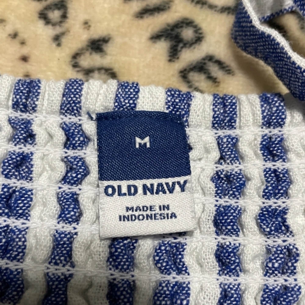 Old Navy Size Medium Blue And White Striped Dress Linen Blend Back Smocking - Picture 2 of 11